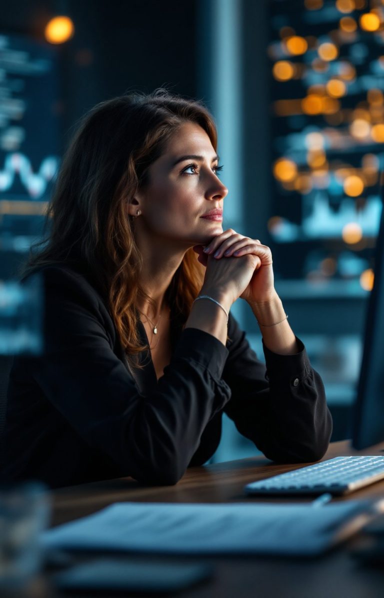 Entrepreneure pensive Femme pensive, main sous le menton, devant un ordinateur dans un éclairage tamisé.